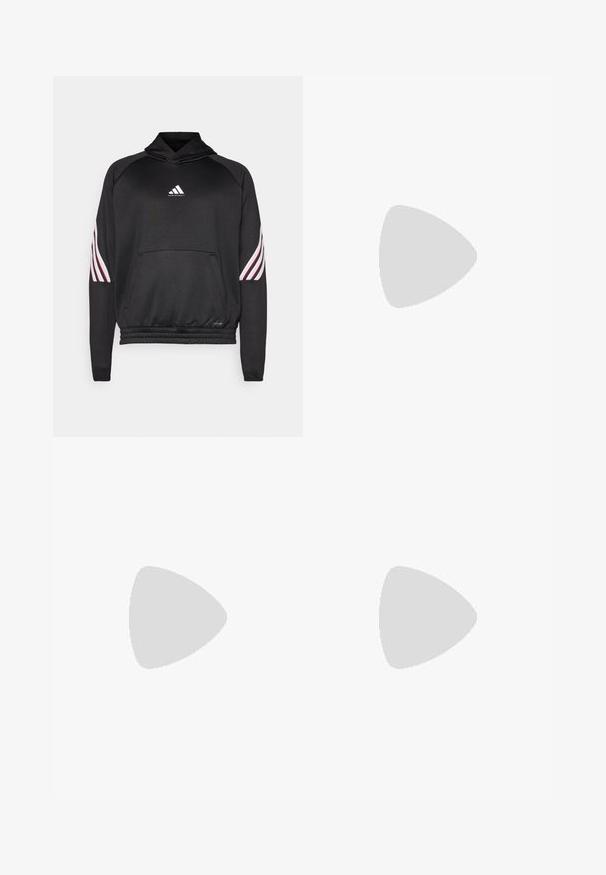 Sort Adidas basketball hoodie med frontlomme, hvide og røde stribe accenter på ærmerne og elastisk talje.; Sort bomulds T-shirt med korte ærmer, rund hals og et hvidt logo på venstre bryst. Glat tekstur og enkelt design.; Svarte sportbukser med elastisk talje, med hvide striber langs siderne og et lille logo ved hoften. Glat tekstur.; Sort atletik sko med åndbart mesh-overdel, hvide accenter og en polstret sål. Har tre-stripes logo på siden.