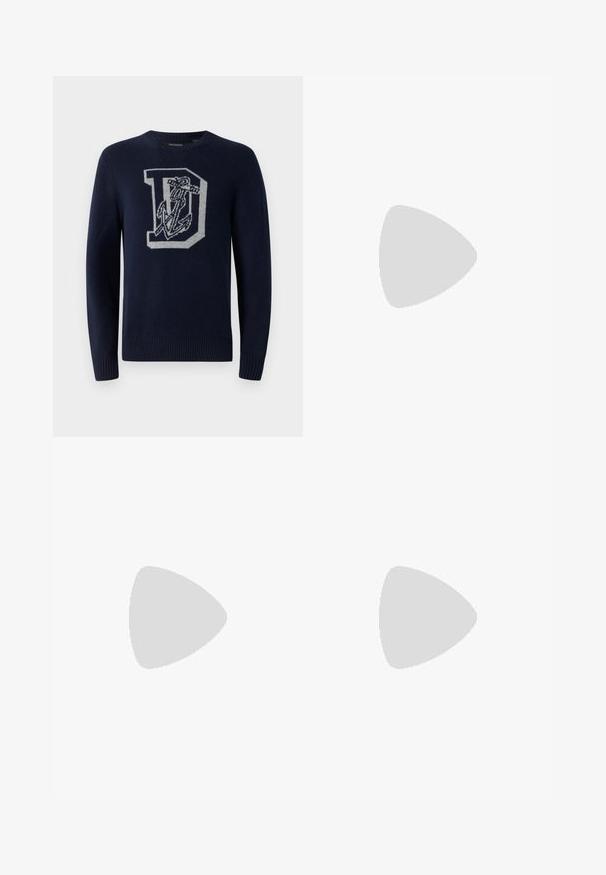 Sweater de malha azul-marinho com gola redonda, apresentando um grande 'D' cinza e padrão de âncora na parte da frente, com punhos e bainha canelados.; Calças de padrão cinza em houndstooth com um design de perna reta, apresentando pregas, uma cintura com fecho de botão e bolsos laterais.; Calças de algodão bege com desenhos bordados divertidos, incluindo uma personagem rosa e um bloco colorido, combinadas com sapatilhas pretas de atacadores.; Pochete cinza em camurça com forma arredondada, dois compartimentos com fecho éclair e alça ajustável. Apresenta detalhes em metal.