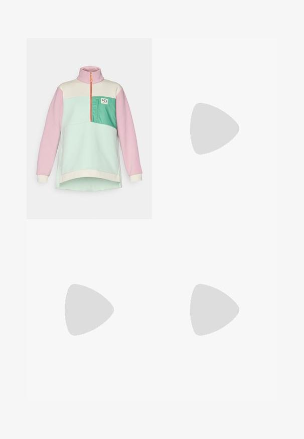 Farvet blokeret pullover sweatshirt i pastel pink, mintgrønt og creme. Har en lynlåset krave og en frontlomme med logodetalje.; Sort langærmet t-shirt lavet af bomuld med rund hals. Har et lille hvidt logo på venstre brystområde. Enkel design og pasform.; Sorte nylon cargo bukser med lynlås, justerbare manchetter, flere lommer og et logo på højre ben. Glat, let tekstur.; Beige og creme atletiksko med struktureret mesh-overdel, støttende overlays og gummiyderside med et mønster for trækkraft.