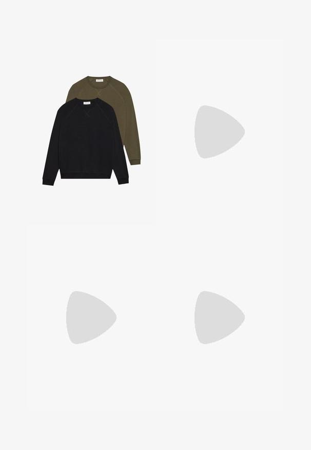 Two crewneck sweatshirts, one black and one olive green, with raglan sleeves and visible stitching. Soft fabric texture, no patterns.; Dark blue denim jeans with a straight cut, five-pocket design, metal button closure, and contrasting stitching, featuring a subtle texture.; Gray and white sneaker with a suede and leather upper, rounded toe, flat laces, and a rubber sole featuring a gum accent.; Brown rectangular sunglasses with tinted lenses, plastic frame, and metal accents on the sides. Features a sleek design and smooth texture.