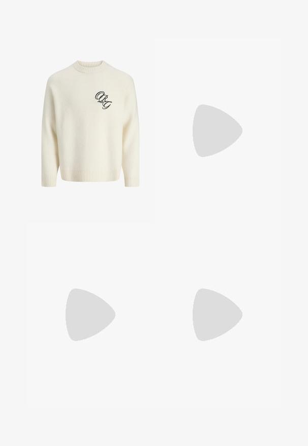 Cremefarbenes Strickpullover mit gerippten Bündchen und Saum, mit einem gestickten schwarzen Logo auf der linken Vorderseite. Rundhalsausschnitt, lockere Passform.; Grau, elastische Bundhose mit Kordelzug. Gerades Bein Design, aus glattem Stoff gefertigt, mit minimaler Naht und ohne sichtbare Hardware.; Schwarze Lederdressschuhe mit glatter Oberfläche, rundem Zehenbereich, schnürbarem Design und unauffälliger Gummisohle für besseren Halt.; Graue Wildleder-Gürteltasche mit runder Form, zwei mit Reißverschluss verschlossenen Fächern und verstellbarem Trageriemen. Mit metallischen Hardware-Akzenten.