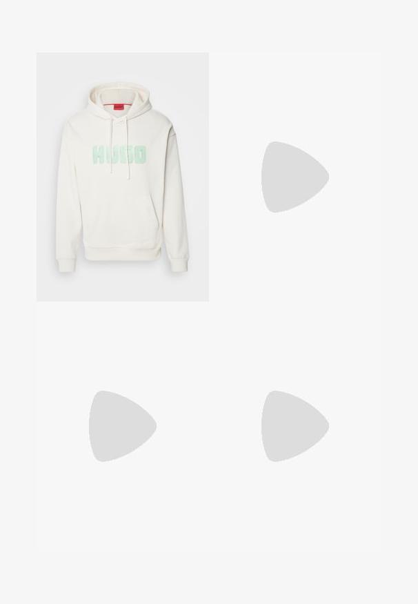 Hanorac crem din bumbac moale, cu un buzunar frontal, având un logo "HUGO" de culoare verde deschis. Dispune de o glugă cu șnur și manșete ribbate.; Tricou alb din bumbac cu mâneci scurte, decolteu în formă rotundă și un logo negru "HUGO" pe piept. Textură netedă, croială casual, fără modele.; Jeans din denim albastru cu talie înaltă, design cu picior drept și decolorare subtilă. Prezintă un stil clasic cu cinci buzunare și închidere prin fermoar.; Mocasini negri din piele cu vârful rotund, detaliu cu curea frontală și talpă din cauciuc joasă. Prezintă cusături subtile și o bandă de prindere în spate.