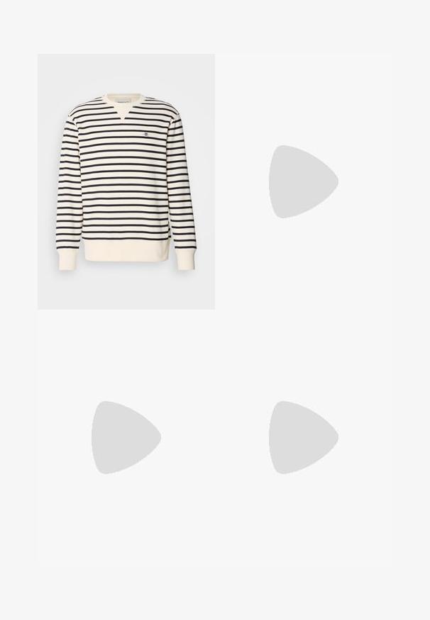 Garā piedurkņu sporta krekls ar V-veida kakla izgriezumu. Rotāts ar pārmaiņus zila un krēma krāsas svītrām un mazu izšūtu logo uz krūtīm. Kokvilnas maisījuma materiāls.; Balta kokvilnas T-krekls ar īsām piedurknēm, apaļu kakla izgriezumu un brīvu piegriezumu. Iezīmē minimālisma dizainu, bez rakstiem vai akcentiem.; Zilas džinsu bikses ar taisnu kāju dizainu. Iezīmējas ar izbalējusiem laukumiem un vieglu nolietojumu priekšpusē, kā arī klasisku pogu aizdari.; Baltie sporta apavi ar gludu ādas virsu un zemu profilu. Iezīmējas ar noapaļotu purngalu, sešām acīm un teksturētu gumijas zoli.