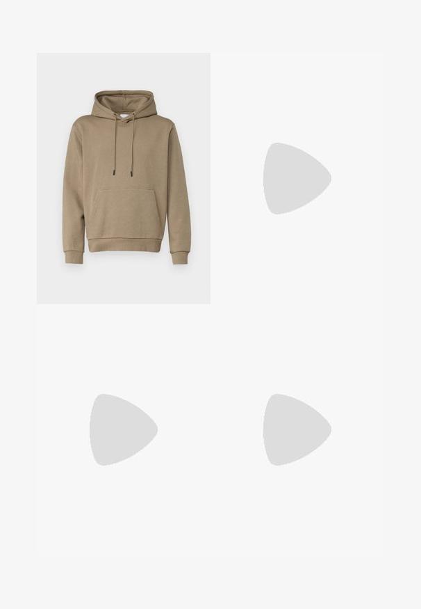 Hooded sweatshirt in light brown, made of soft fabric. Features a front pouch pocket and ribbed cuffs. Simple design with drawstrings.; Three sleeveless t-shirts in gray, white, and black. Soft cotton material with a crew neck and relaxed fit. Simple design, no patterns.; Dark blue denim jeans with a straight cut, five-pocket design, metal button closure, and contrasting stitching, featuring a subtle texture.; Sport shoes with a white leather upper, gray suede toe, and three black stripes. Features a blue logo on the tongue and a textured rubber sole.