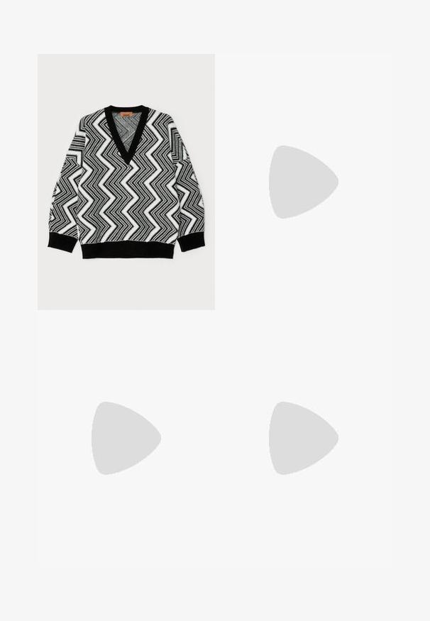 Black and white zigzag-patterned sweater with a deep V-neck, ribbed cuffs, and hem, made from textured knit material.; Light blue denim wide-leg jeans with a high waist, faded areas, five pockets, and contrast stitching. Classic button and zipper closure.; Slingback high-heeled shoe in glossy dark brown patent leather, pointed toe, open sides, and adjustable ankle strap.; Tortoiseshell sunglasses with elongated oval lenses, brown tint, gold logo accents on temples, and sleek black arms.