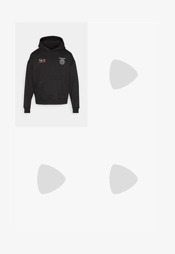 Zwarte hoodie met een voorzak, voorzien van witte tekst "Ser" en rode "Bolgosta", en een geborduurd embleem op de borst.; Drie witte geribde tanktops van katoen. Kenmerken zijn een ronde hals en kleine zwarte labels nabij de zoom. Verkrijgbaar in meerdere maten.; Grijze Nike-sweatpants met een verstelbare tailleband, taps toelopende benen, zijzakken en opvallende naaddetails. Zachte, gestructureerde stof.; Grijze sportieve schoen met een bovenwerk van mesh en suede, witte accenten, een gevoerde zool en een onderscheidend ontwerp met reflecterende elementen.