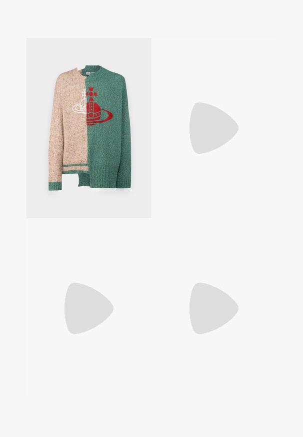 Vivienne Westwood HALF&HALF  - Maglione - multicolor; Pantaloni a gamba larga realizzati in tessuto grigio scuro. Presentano pences in vita, un design sartoriale e una silhouette dritta.; Stivale alla caviglia in suede tan con collare imbottito nero, occhielli in metallo dorato, dettagli in cucitura bianca e suola in gomma robusta con battistrada pronunciato.; Occhiali da sole in plastica con motivo tartaruga, lenti marroni ottagonali e sottili dettagli in metallo dorato sulla montatura.