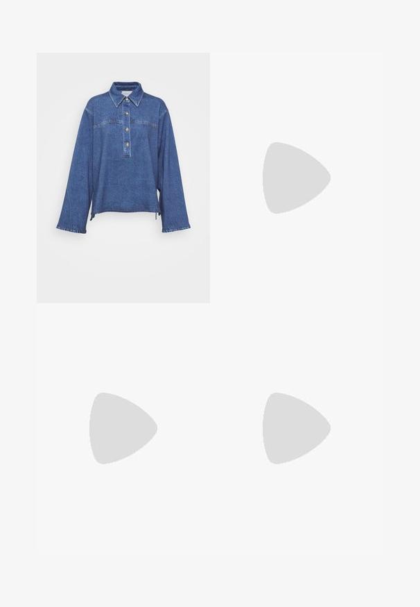 Denim shirt in dark blue with long sleeves, collared neck, five-button placket, and subtle faded texture. Features split side hem.; Wide-leg blue denim jeans with a high waist, featuring a button closure, belt loops, and subtle stitching details along the pockets and hems.; Brown leather knee-high boot with a pointed toe and minimalistic design; smooth texture, no visible hardware or embellishments.; Brown suede handbag with a structured shape, rounded body, and elongated diamond-shaped handles. Features a silver hardware closure.