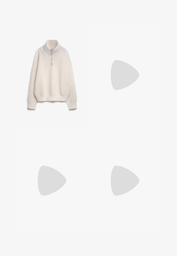 Cream-colored pullover with a high collar, half zip, and textured herringbone pattern. Loose fit with ribbed cuffs and hem.; White dress with thin straps, featuring a draped neckline and textured fabric. The hem has a subtle lace-like pattern.; Black leather loafers with a flat sole, rounded toe, and a decorative gold-tone hardware accent on the front strap. Smooth texture.; Black sunglasses with rounded lenses, glossy plastic frame, and a gold logo accent on the temples. Dark lenses offer UV protection.; Black leather shoulder bag with a curved design, featuring a gold-tone hardware clasp and embossed logo on the front. Textured surface.; Fossil wristwatch with a gold and silver stainless steel band, round gold-tone dial, Roman numerals, date display, and crystal accents.