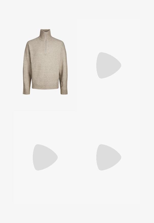 Jack & Jones JOROLLIE HALF ZIP - Pullover - atmosphere; Jean en denim noir avec une coupe droite, cinq poches et passants de ceinture, présentant une texture légèrement délavée et des coutures contrastées.; Mocassins en cuir noir avec une finition lisse, présentant un détail de sangle à l'avant et une semelle en caoutchouc épaisse avec des accents striés.; Montre analogique argentée avec un boîtier octogonal, un cadran gris, des index de heures argentés et un bracelet en acier inoxydable. Design minimaliste avec texture lisse.