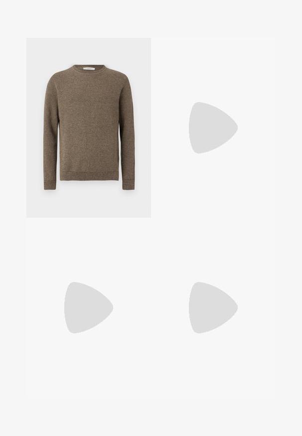 Brun texturerad stickad långärmad tröja med rund halsringning och ribbade ärm- och nederkanter.; Svarta skräddarsydda byxor med rak passform, med knappstängning, dragkedja och bälteshällor. Slät tyg med sidofickor.; Svart läder dressko med rund tå, slät yta, snörningsdetaljer och en låg, texturerad gummisula. Rena linjer och minimalistisk design.; Ljusbeige jacka med elastisk nederkant, tillsammans med en grön skjorta och svarta byxor. Bär en liten grå axelväska. Svarta skor.