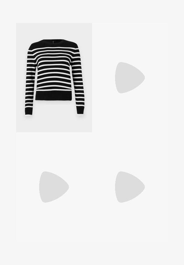 Maglione a righe bianche e nere con scollo rotondo, maniche lunghe e bordo a coste. Realizzato in un morbido tessuto a maglia, presenta righe alternate larghe e strette.; Bermuda shorts in denim blu scuro con vita regolabile tramite lacci, dotati di passanti per cintura standard e dettagli di cucitura in vista.; Sneaker alta in tela bianca con suola in gomma nera, punta in gomma frontale e sei asole per i lacci, caratterizzata da un design pulito e minimalista.; Borsa a tracolla in pelle rossa con un design angolare e geometrico. Presenta una singola tracolla regolabile e una chiusura a patta con dettagli cuciti.