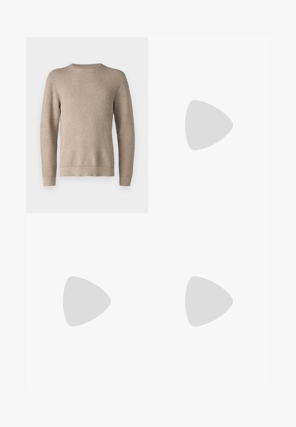 Μπεζ πουλόβερ με λαιμόκοψη, σε υφή πλέξης, με μήκεις μανίκες και ευθεία τελείωμα. Ο ύφασμα φαίνεται μαλακό και ζεστό.; Φως ελαιόχρωμο παν�τελόνι κατασκευασμένο από ύφασμα με μείγμα βαμβακιού, με ελαστική μέση και κορδόνι, και δύο μεγάλες πλευρικές τσέπες.; Beige πουκάμισο με κουμπιά, λευκά παντελόνια και γκρι αθλητικά παπούτσια. Το πουκάμισο έχει χαλαρή εφαρμογή και τα αθλητικά παπούτσια διαθέτουν υφασμάτινη επιφάνεια και σχέδιο με κορδόνια.; Μαύρα γυαλιά ηλίου σε ορθογώνιο σχήμα, σκούροι φακοί, ασημί λεπτομέρειες στους κροτάφους και ματ φινίρισμα στον σκελετό.