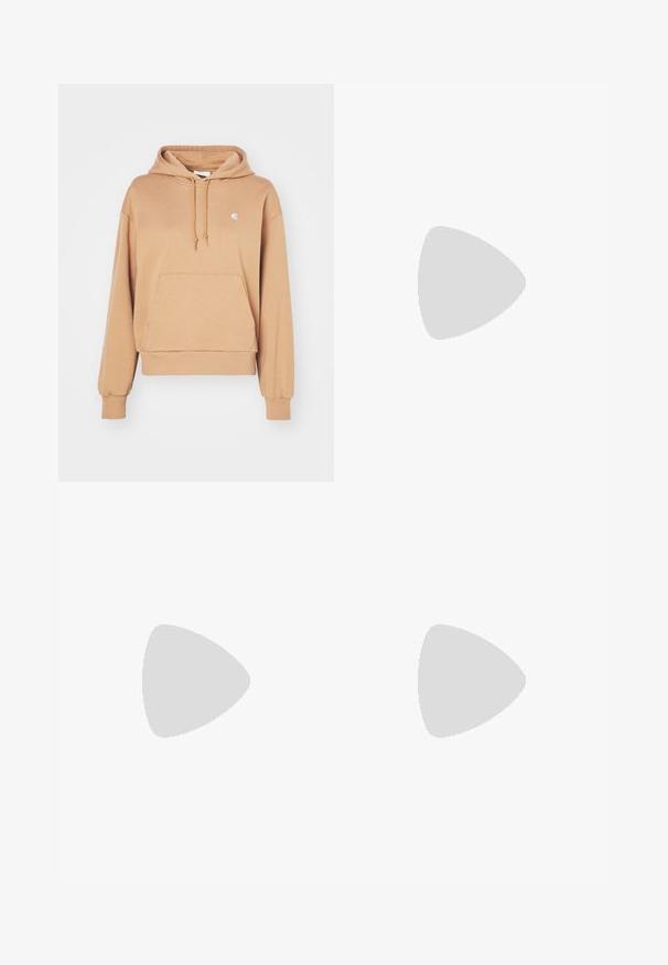 Carhartt WIP HOODED CASEY - Hoodie - peanut/silver; Beige corduroy trousers with a loose fit, featuring a drawstring waist, two front pockets, and vertical ribbed texture.; Light grey sneaker made of suede and mesh, featuring three white stripes, round toe, and a gum rubber sole. Gold logo accent near laces.; Gold-tone metal earring with a sleek, curved design. Features a distinctive pointed shape, polished surface, and hinge closure.