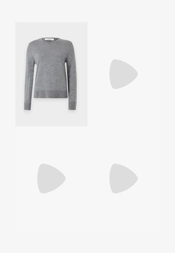 Gray long-sleeve sweater made of soft fabric. Features a round neckline and ribbed cuffs and hem. Simple, lightweight design without patterns.; White, wide-leg denim jeans with a button closure, five pockets, and subtle stitching details. Soft texture and casual design. No visible distressing.; Black suede and leather sneaker with a cream side swoosh and light cream heel. Features beige laces and a gum rubber outsole.; Black faux leather handbag with a crocodile texture, cinched top, and a scrunched strap. Appears soft and compact in design.