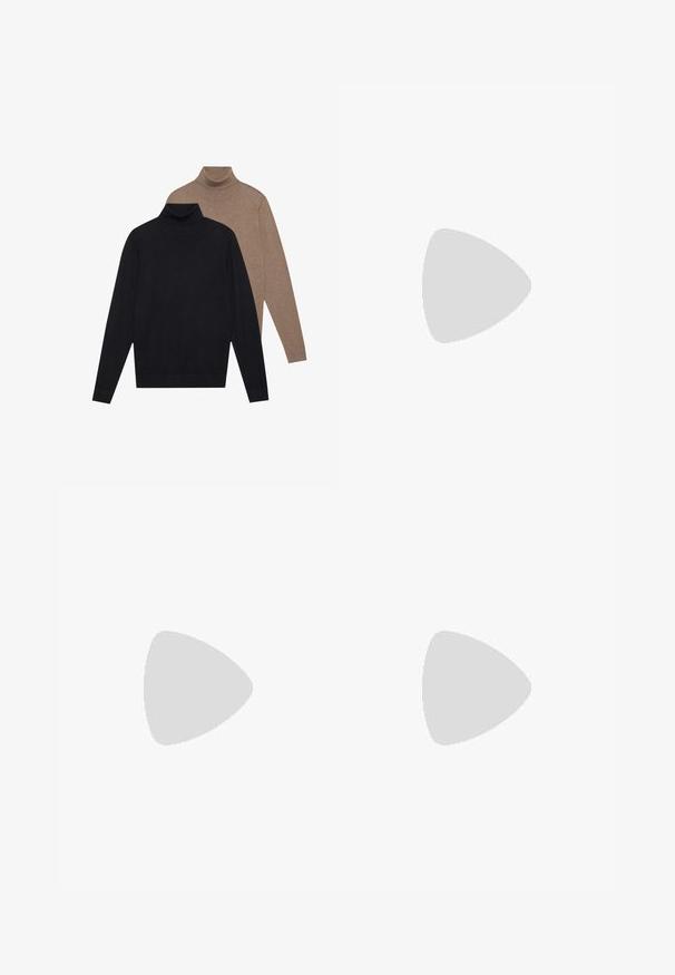 To lange ermer turtleneck gensere, en i svart og en i lys brun, laget av myk strikket stoff med en tettsittende design og ribbestrikkede mansjetter.;  svarte bukser laget av glatt stoff, med strak ben design, frontlommer, en enkelt knappelukking, og ingen synlige mønstre.; Hvite skinnsneakers med perforeringer, rund tå, flat såle og tykke lisser, med en synlig swoosh-logo og "AIR" på hælen.; Svart tekstil sling ryggsekk med en jevn tekstur, med en buet design, glidelåsrom, og en hvit logo på forsiden.