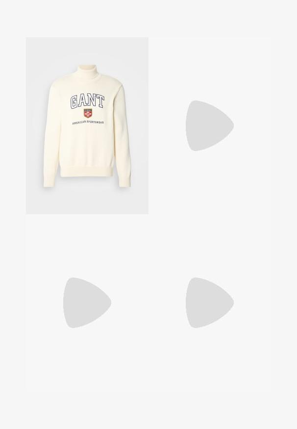 Λευκό πουλόβερ τρυγίκου GANT με λογότυπο, σχέδιο ασπίδας και κείμενο "AMERICAN SPORTSWEAR." Ριμπ τελειώματα στα μανίκια και το στρίφωμα. Μαλακή υφή πλέξης.; Λευκό πουκάμισο με μακρύ μανίκι, φτιαγμένο από βαμβάκι. Διαθέτει κολάρο με ανοιχτή γραμμή, κουμπί κλεισίματος και μικρό κεντητό λογότυπο στο στήθος.; Μπεζ βαμβακερές chinos με επίπεδο μπροστινό μέρος, θηλιές ζώνης και πλάγιες τσέπες. Σχεδίαση ίσιων ποδιών με μαλακή υφή και ελαφριά, αναπνεύσιμη αίσθηση.; Λευκά δερμάτινα sneakers, χαμηλού σχεδιασμού, με απαλή υφή, στρογγυλή μύτη, δέσιμο μπροστά και μικρό κεντημένο λογότυπο στο πλάι.