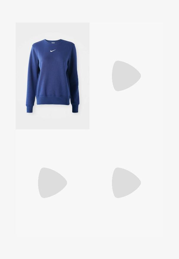 Sweatshirt azul-marinho de gola redonda, feito de tecido macio, apresentando um logotipo branco da Nike no peito e punhos e bainha canelados.; Calças de fato de treino azul marinho feitas de um tecido suave, com uma cintura elástica com cordão, punhos elásticos e um pequeno logótipo branco.; Sapatilha branca com parte superior texturizada, biqueira arredondada e sola de borracha de tom amarelo. Apresenta um logo discreto e fecho com atacadores.; Bolsa de mão de couro bege com um design estruturado, detalhe em fivela dourada e alça ajustável, apresentada contra um fundo claro.
