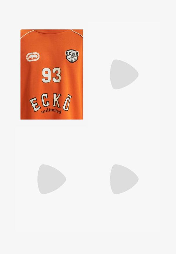 Orange cotton t-shirt featuring a white number "93" and "ECKŌ unlimited" in black and white lettering. Includes a logo with a rhinoceros.; Three white ribbed tank tops made of cotton. Features a crew neck and small black labels near the hem. Available in multiple sizes.; Olive green, high-waisted pants with a straight leg design. Made of a lightweight fabric, featuring front pleats and a button closure.; Brown leather moccasin with tassel accents, textured surface, and contrasting yellow stitching along the black rubber sole. Side view.