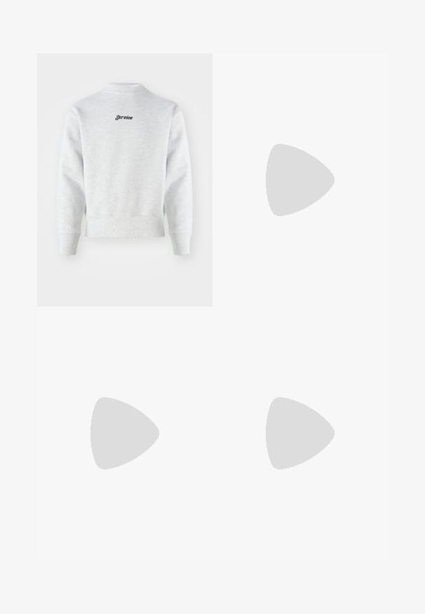 Gray fleece sweatshirt with a high neckline, ribbed cuffs, and hem. "Service" is embroidered in black on the upper back. Plain texture.; Two black cotton T-shirts with round necklines, short sleeves, and blue "HUGO" labels on the collars and side hems.; Black trousers with a pleated design, wide leg shape, and a smooth texture. Features a red waistband tag.; Black sneakers made of suede and synthetic materials, featuring round laces, a textured surface, and a pull tab at the heel.