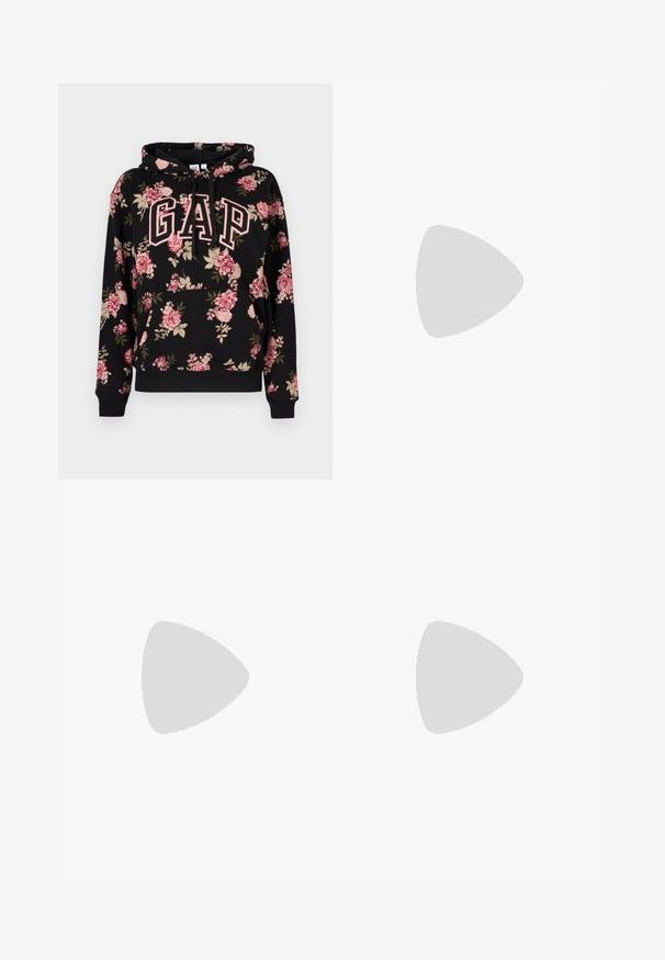 Schwarzer Hoodie mit pinkem und beigem Blumenmuster, großen rosa umrandeten "GAP"-Buchstaben auf der Vorderseite, Kängurutasche und Kapuze mit Kordelzug.; Helles, hochtailliertes Jeans aus Denim. Hat weit geschnittene Beine, zwei aufgerissene Kniebereiche und klassischen Fünf-Taschen-Stil.; Weiße hochwertige Leinensneaker mit schwarzer Gummisohle, vorderem Gummizehenschutz und sechs Ösen für Schnürsenkel, die ein sauberes, minimalistisches Design aufweisen.; Rote Lederhandtasche mit einem kantigen, geometrischen Design. Verfügt über einen verstellbaren Schulterriemen und einen Klappenverschluss mit genähten Details.