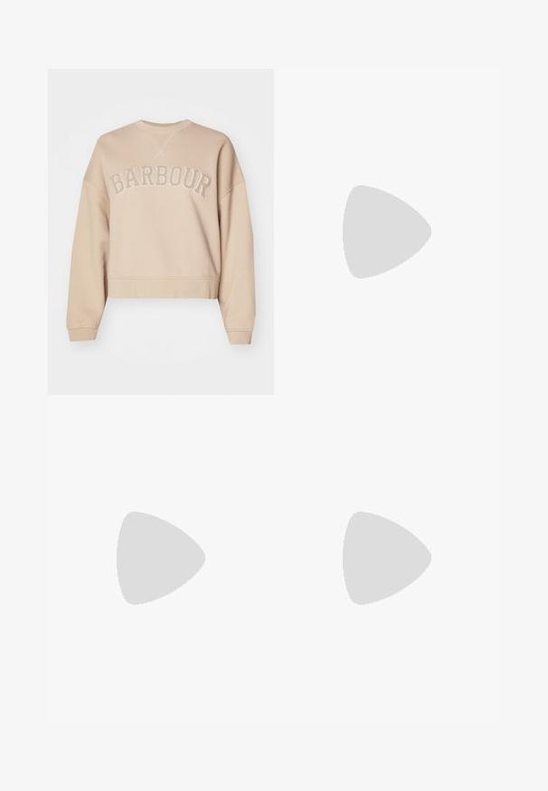 Beež cropped-sweater pikkade varrukatega, ümmargune kaelus ning "BARBOUR" tekstuurses tikandis rinna peal. Pehme materjal.; Samsøe Samsøe SHELLY - Avar lõikega teksad - clear cream; Must musta sneaker ümarate varvastega, valge platvormi tallaga ja mustade paeltega. Omab diskreetset logo kandadel ja sileda tekstuuriga.; Musthave mustrans vöö ja eemaldatav õlarihm. Gludike nahk siledaga, millel on tõmblukk ja logo detail.