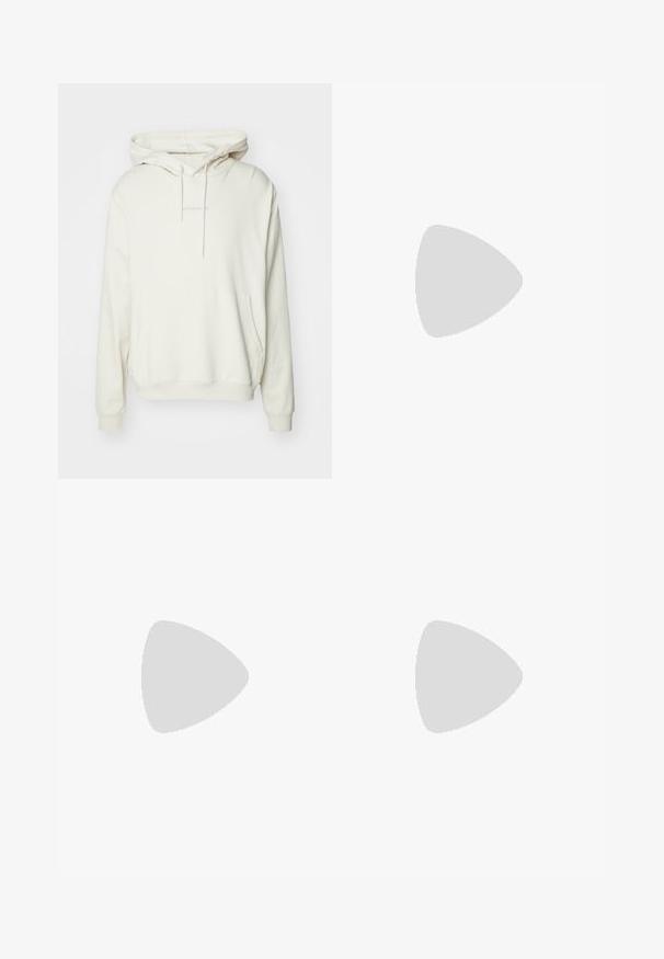 Cream hoodie with a drawstring hood, front pocket, and ribbed cuffs. Features subtle brand name embroidery in the center. Soft fabric texture.; Light grey denim pants with a straight-leg design, five-pocket styling, and a button closure. Visible stitching along the seams.; Suede and textile sneaker in green, brown, and beige with three white stripes. Features a light pink accent on the heel and textured outsole.; Round sunglasses with a thin black metal frame, dark lenses, and adjustable nose pads. The arms feature a subtle brand detail.