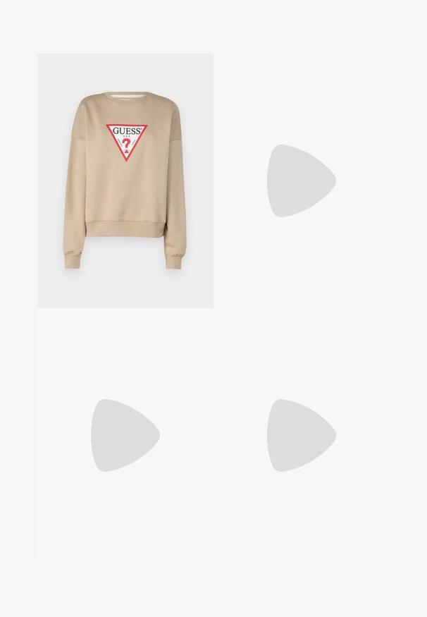 Guess Jeans ICONIC TRIANGLE - Sweatshirt - travertine sand; Jupe plissée blanche avec une taille élastique noire portant le logo "LACOSTE". Design mi-long avec une texture douce.; Baskets en cuir blanc avec une épaisse semelle blanche, un accent en daim noir au niveau du talon et un logo embossé sur le côté. Design à lacets avec six œillets.; Lunettes de soleil noires surdimensionnées avec une forme géométrique, dotées de verres foncés et d'un détail gris contrastant sur la monture. Logo sur la branche.