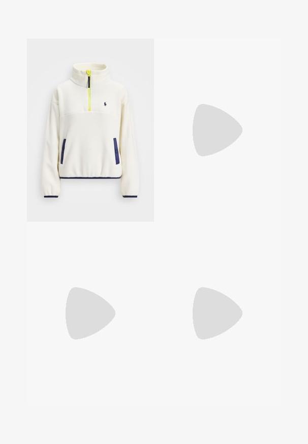 Fehér gyapjú pulóver fél cipzárral elöl, tengerészkék részletekkel a zsebeknél és az alján, valamint egy élénk sárga cipzárhúzóval. Kis logó található a mellkason.; Fekete sportnadrág, gumis derékpánttal, krémszínű oldalsávokkal és egy fehér "P" logóval a bal alsó részen. Simaság jellemzi, laza szabású.; Fehér bőr sportcipők, alacsony fazonban, sima textúrával, kerek orral, fűzős előlappal és egy kis hímezett logóval az oldalon.; Fekete bőr kézitáska félhold alakú formában. Aranyszínű fémrészekkel és keskeny pánttal rendelkezik. Simább felület, cipzáras záródás a tetején.