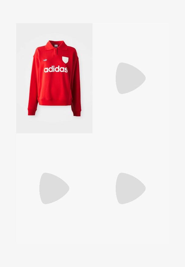 Sweatshirt vermelho com gola, logotipo "adidas" branco na frente e um emblema branco. Apresenta um emblema adidas azul no ombro.; Jenas de perna larga em denim azul claro com um acabamento desbotado. Apresenta bolsos frontais, fecho de botão e um logotipo discreto na cintura.; Tênis brancos com três listras douradas, design de cadarços, sola de borracha, usados com meias brancas caneladas e calções bege sobre uma superfície azul.; Mala sintética branca com formato triangular, aba frontal plana e detalhe de laço, alça ajustável, textura suave e design minimalista.