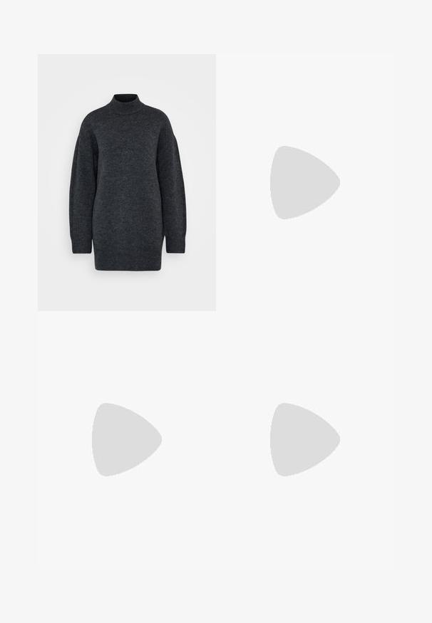 Vero Moda Tall VMIRIS HIGHNECK - Maglione - dark grey melange; Jeans a vita alta di colore blu scuro, con gamba larga, tasche frontali, passanti per cintura, chiusura con bottone e cuciture visibili su uno sfondo bianco.; Sneaker sportivo New Balance bianco e verde chiaro con tessuto in rete, suola beige e battistrada nero, mostrato di lato su uno sfondo neutro.; Borsa a tracolla nera in pelle con una texture liscia, forma rettangolare e dettaglio in catena metallica sul davanti. Inclusa una tracolla regolabile.