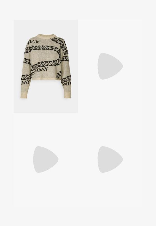 Knit sweater in beige with black chain and text patterns. Features a cropped design, round neckline, and ribbed cuffs. Soft texture.; Black short-sleeve top made of smooth fabric. Features a round neckline and draped detail on the shoulder. Simple, fitted design.; Wide-leg trousers in light beige cotton. Features a high waist, front pockets, and a straight cut. Clean hem finishing without patterns.; White sneaker with a smooth finish, black heel accent, and lace-up design. Features "Calvin Klein" branding on the side. Minimalist style.