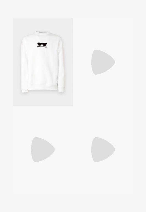 KARL LAGERFELD CREWNECK - Mikina - white; Čierne nohavice s rovnými nohavicami, vyrobené z hladkej tkaniny. Majú pútka na opasok a záhyby na prednej strane.; Biele kožené tenisky s hladkým povrchom, zaoblenou špičkou, plochými šnúrkami a textúrovanou podrážkou. Sivý semišový akcent na päte.; Priesvitné plastové slnečné okuliare s obdlžníkovými hnedými šošovkami, s tenkými priesvitnými rámami a kovovými akcentmi na spánkoch.