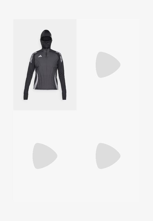 Veste de sport noire avec fermeture éclair à l'avant et capuche attachée. Caractéristiques d'accents gris et d'un design ajusté avec des panneaux texturés.; T-shirt de sport à manches courtes, gris foncé avec une texture perforée. Présente un logo blanc et des rayures latérales contrastantes. Encolure arrondie.; Shorts de sport noirs avec une taille élastique, dotés d'une bande texturée, de rayures sur les côtés, et d'un logo Adidas blanc sur l'ourlet inférieur.; Baskets noires et grises avec une tige en tricot texturé, semelle intermédiaire blanche avec le logo "LIGHTSTRIKE" et un design à bout rond.