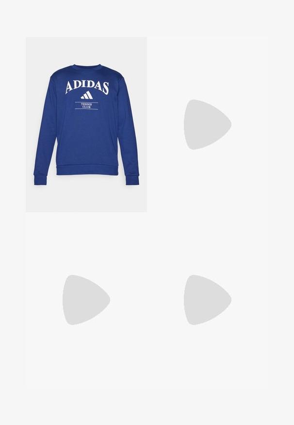 Blå Adidas sweatshirt med lange ærmer, rund halsudskæring, grafisk logo tekst foran og detaljer fra tennis klubben. Blødt bomuldsblanding materiale.; Hvid sports t-shirt med korte ærmer, lavet af fugttransporterende stof. Har et sort logo på venstre bryst og en mønstret indvendig halsudskæring.; Sorte træningsbukser med en strækbar talje, hvide sidelameller og et lille hvidt logo på låret. Fremstillet af et glat, let materiale.; Sorte atletiksko med en tekstureret mesh-overdel, hvide accentstriber, en polstret sål og en forstærket hæl for støtte.