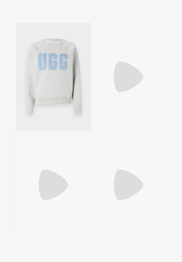 Light grey sweatshirt with a crew neckline, featuring a large blue faux fur "UGG" logo on the front and ribbed cuffs and hem.; Light beige sweatpants with elastic waistband and cuffs, made from soft, textured fabric. Features a relaxed fit and simple design.; White sneaker made of smooth synthetic material, featuring a rounded toe, lace-up design, flat sole, and subtle perforated detailing.; Brown leather tote bag with double handles, features contrast stitching and a spacious design, suitable for everyday use.