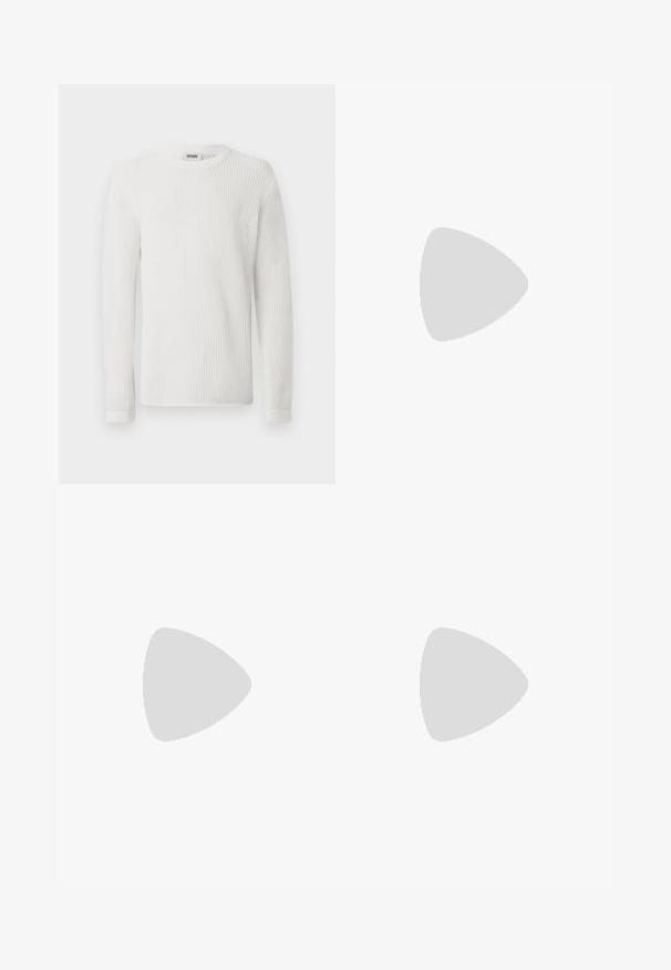 Long-sleeved white sweater made of textured mesh fabric with a round neckline and ribbed cuffs. Simple and lightweight design.; Long-sleeved white cotton shirt with a round neckline, side slits at the bottom, and a smooth texture, displayed from the back.; Light blue denim jeans with a straight-leg design, five pockets, button closure, minimal fading, and contrasting stitching details.; White sneaker with a smooth leather upper and a low profile. Features a rounded toe, six eyelets, and a textured rubber sole.