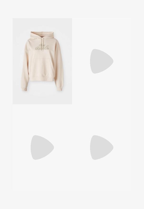 Sweatshirt beige à capuche avec une poche avant, présentant le logo "new balance" et des accents floraux dans des couleurs douces. Tissu doux et manches longues.; Pantalon large en tissu gris foncé, avec une fermeture à bouton, des plis avant et des passants de ceinture. Texture lisse avec un design ajusté.; Baskets de sport bleu clair avec des accents blancs, des panneaux texturés et une fermeture éclair. Dotées d'une semelle avec coussin d'air visible et d'une semelle en caoutchouc.; Sac à main beige en matériau souple, avec un design décontracté, des détails cousus et deux poignées. Idéal pour un usage quotidien.