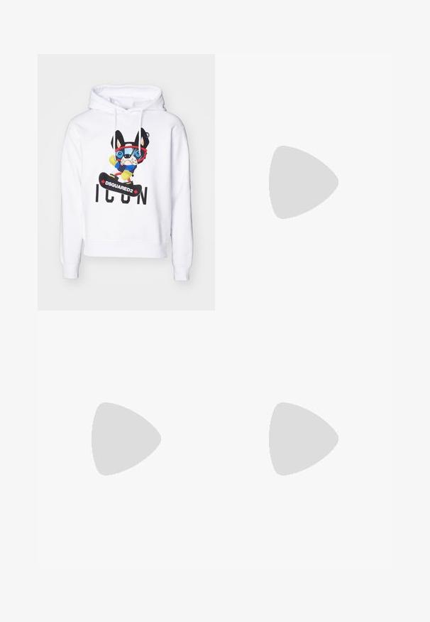 Haut à capuche blanc avec un chien en cartoon coloré portant des lunettes, un pull bleu et des gants jaunes, avec "DSQUARED2 ICON" imprimé en dessous.; Filippa K TERRY CROPPED TROUSERS - Pantalon classique - sage melange; Baskets en cuir blanc avec une finition lisse, bout arrondi, lacets plats et semelle texturée. Présente un logo discret sur le talon.; Lunettes de soleil noires rondes avec verres sombres et branches en métal fines. Comprend des embouts transparents et des accents argentés au niveau de la charnière. Design minimaliste.