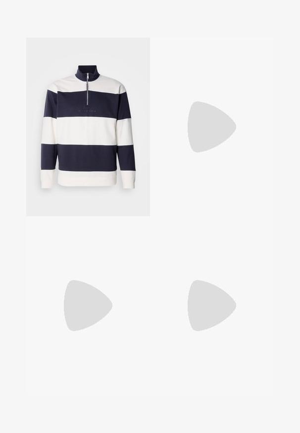 Pullover a righe blu marino e bianche con colletto alto e zip a quarto. Materiale in cotone morbido, presenta un logo ricamato sul davanti.; Pantaloni a gamba larga blu chiaro realizzati in un materiale morbido, con pieghe frontali e una vita elasticizzata per il comfort.; Mocassini in pelle marrone con finitura liscia, punta arrotondata, cuciture minime e suola spessa in gomma nera. Nessun hardware o accenti visibili.; Orologio in metallo color oro con quadrante nero, indicatori luminosi e tre sotto-quadranti. Presenta un cinturino testurizzato e il logo “HILFIGER” al centro.; Orecchini a croce in oro con una finitura liscia e un gancio appeso, caratterizzati da un design semplice e allungato. Ogni croce è uniforme in dimensione.