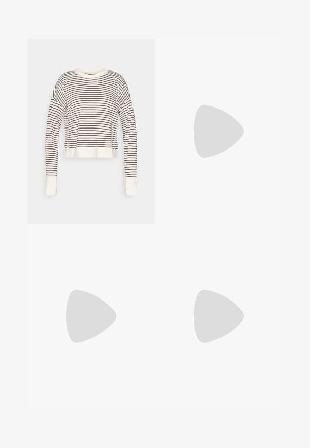 Cropped long-sleeve top in cream with dark brown horizontal stripes. Features a round neckline and fitted cuffs. Soft fabric texture.; Short-sleeve athletic t-shirt, dark gray with perforated texture. Features a white logo and contrasting side stripes. Rounded neckline.; Black athletic shorts made of stretchy fabric, featuring a high waistband, fitted shape, and white Adidas logo on the left side.; Black running shoe with mesh upper, three silver stripes, white midsole, and textured outsole. Features padded collar and lace closure.