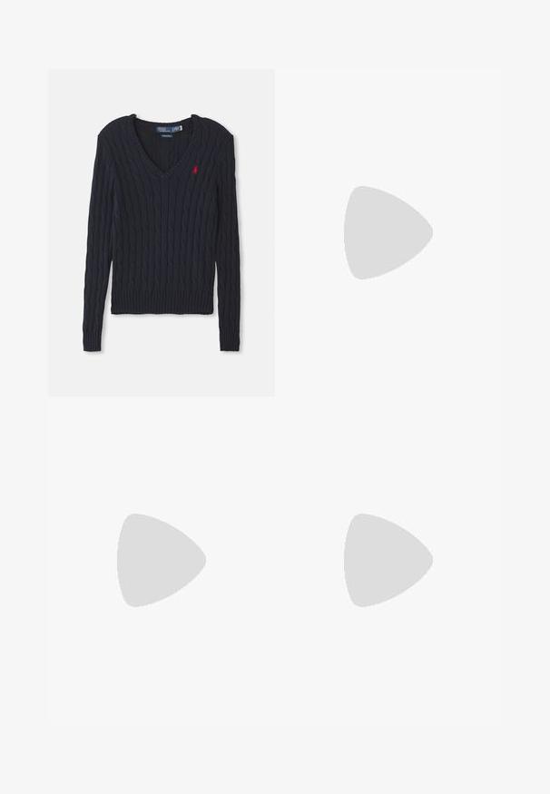 Navy knitted sweater with a V-neck, featuring cable knit texture, ribbed cuffs and hem, and a small red logo on the chest.; Polo Ralph Lauren HEMP WIDE LEG PANT - Trousers - nevis; Black leather slingback shoe with pointed toe, small heel, and decorative buckle detail on the upper. Smooth texture, minimalistic design.; Brown leather handbag with a textured finish and silver hardware, held with a hand beside a brown leather skirt and patterned sweater.
