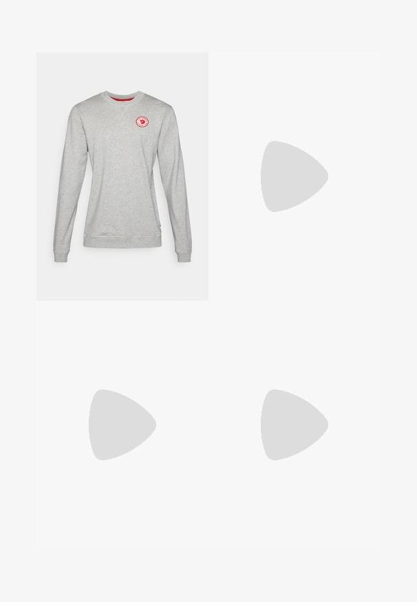 Gray crewneck sweatshirt made of cotton blend fabric, featuring a red circular logo on the chest and ribbed cuffs at the sleeves and hem.; White athletic t-shirt with short sleeves, made from moisture-wicking fabric. Features a black logo on the left chest and a patterned interior neckline.; Black athletic pants with a stretchy waistband, white side stripes, and a small white logo on the thigh. Made from a smooth, lightweight material.; Black athletic shoes with a textured mesh upper, white accent stripes, a cushioned sole, and a reinforced heel for support.