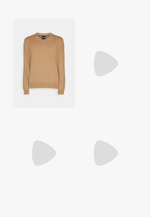BOSS PACELLO - Vesta - medium beige; Crne krojene hlače s ravnim krojem, izrađene od glatkog materijala. Imaju petlje za remen i naboran detalj duž prednje strane.; Bijele kožne tenisice s glatkom površinom, okruglim vrhom, ravnim vezicama i strukturiranom potplatom. Sivi antilop naglasak na peti.; Prozirne sunčane naočale s pravokutnim smeškim lećama, koje imaju tanke, prozirne drške i metalne akcentne detalje na sljepoočnicama.
