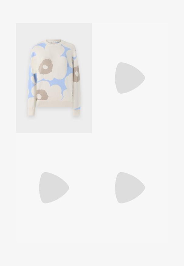 Cream sweater with blue and brown floral patterns, round neckline, and ribbed cuffs. Made of soft knit material.; Black tailored trousers with a straight-leg design, featuring a smooth texture and crisp creases along the front. No visible hardware.; Black leather slingback heels with a pointed toe, featuring a slim heel and a gold-tone accent on the adjustable strap. Smooth texture.; Black leather handbag with a structured design, featuring a cropped shape, top handle, and gold hardware accent. Adjustable shoulder strap included.