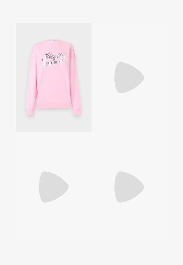 Felpa rosa realizzata in materiale morbido, con logo metallico argento "Stieglitz" sul davanti e polsini e orlo a coste.; Gonna midi bianca in maglia con un motivo testurizzato a righe verticali e dettagli a taglio vicino all'orlo. Vita elasticizzata. Materiale morbido.; Pantofole da balletto nere in pelle con punta arrotondata, texture liscia, dettagli di cucitura minimi e design con suola flessibile.; Borsa a tracolla in pelle marrone con chiusura a pattina, hardware color oro, tracolla e una finitura liscia. Forma rettangolare compatta.