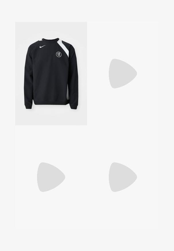 Sweatshirt noir avec des accents blancs, col rond, manches longues et poignets côtelés. Présente le logo Nike et l'emblème circulaire de Chelsea FC.; Pantalons noirs au design droit, fabriqués à partir d'un tissu lisse. Dotés de plis sur le devant et d'une fermeture à un bouton à la taille.; Sandales en cuir noir avec un design à brides croisées, boucle réglable, semelle plate et texture lisse. Vue de côté.; Montre en métal doré avec un cadran noir, des marqueurs lumineux et trois sous-cadrans. Présente un bracelet texturé et le logo "HILFIGER" au centre.; Collier de perles blanches avec un fermoir en argent portant le nom de la marque. Chaque perle est lisse et ronde, assemblée dans une séquence uniforme.