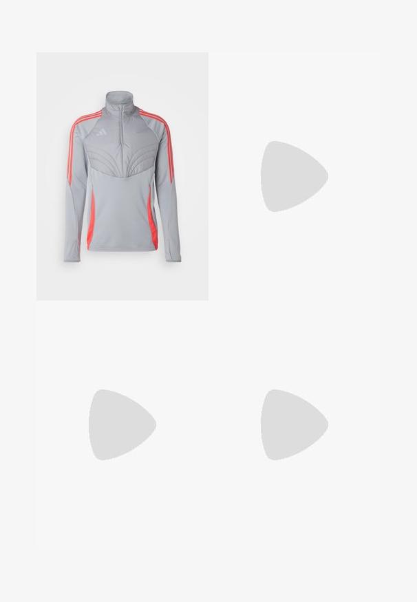 Veste de sport grise avec un col montant, panneau texturé sur la poitrine et rayures orange le long des épaules et des côtés. Matériau léger.; T-shirt blanc à manches courtes en tissu à texture lisse. Présente un logo adidas noir sur le côté gauche de la poitrine et un col à motifs.; adidas Performance Short de sport - onix; Baskets de course légères en bleu pâle avec des rayures noires. Elles présentent un dessus lisse, un embout rond et une semelle intermédiaire blanche épaisse étiquetée "LIGHTSTRIKE PRO".