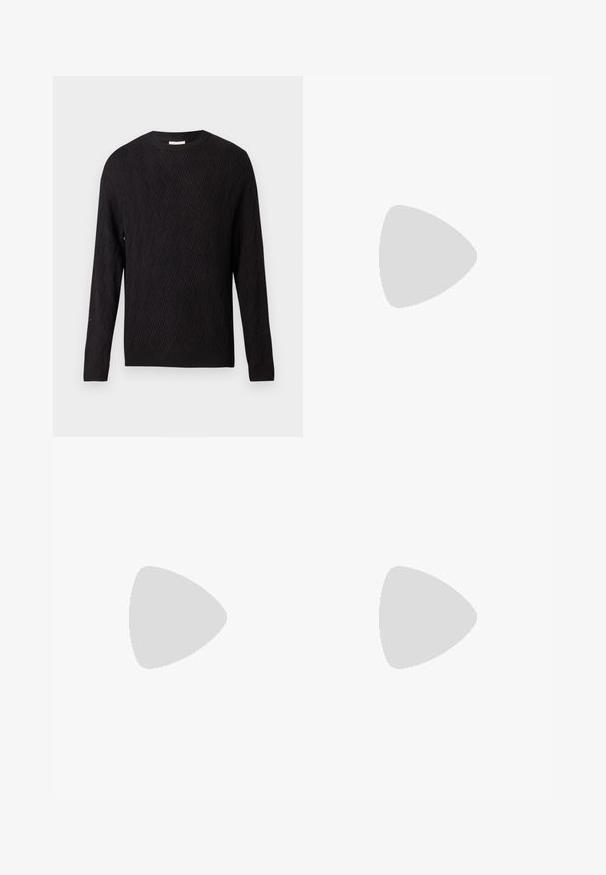 Black long-sleeve sweater with chevron knit pattern and ribbed cuffs and hem, crew neckline, displayed on plain white background.; Long-sleeve white cotton T-shirt with a crew neck, featuring a small yellow and burgundy logo on the left chest. Seamless cuffs and hem.; Black denim jeans with a loose fit, featuring contrasting white stitching, a button closure, and a straight leg design.; Black leather loafers with a stitched design, tassel detail, and a textured sole, set against a yellow gradient background.