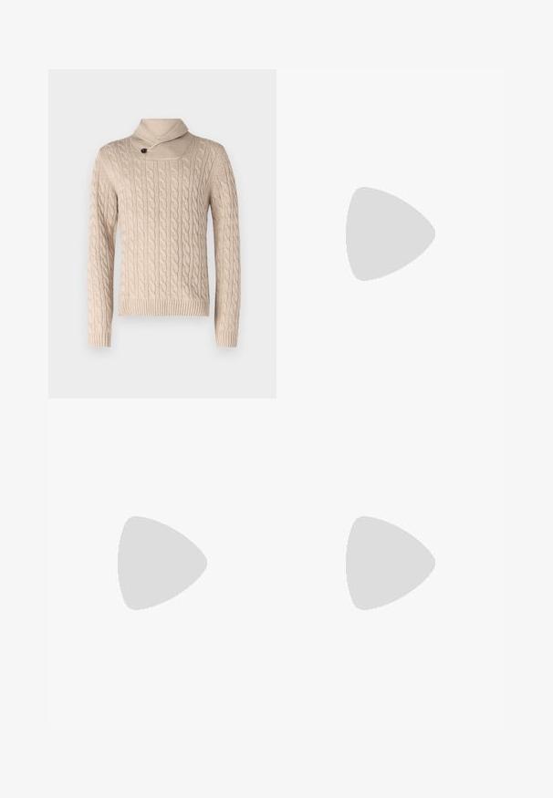 Pull en tricot cable beige avec un col haut et un détail à un bouton. Fabriqué en tissu texturé, avec des poignets et un ourlet côtelés.; Pantalon noir ajusté avec une coupe droite, fabriqué en tissu lisse. Comprend des passants de ceinture et un pli au niveau du devant.; Des baskets en cuir blanc avec une finition lisse, un bout rond, des lacets plats et une semelle texturée. Accents en daim gris au niveau du talon.; Lunettes de soleil avec des verres rectangulaires gris foncé, des montures en métal argenté et des embouts en plastique noir sur les branches. Conception légère avec des plaquettes de nez.
